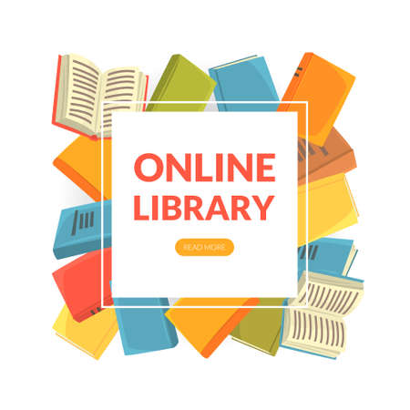 Online Library Landing Page Template, Education, E-Learning, Electronic Bookshelf Website Cartoon Vector Illustrationのイラスト素材