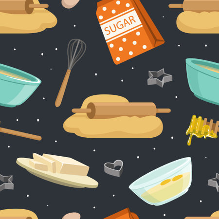 Culinary Products and Kitchen Utensil Seamless Pattern, Culinary and Cooking Background, Wallpaper, Textile, Packaging Design Vector Illustration Vector Illustrationのイラスト素材