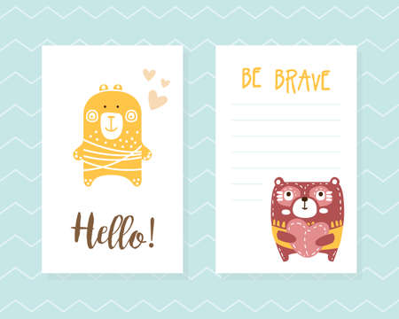 Hello, Be Brave Inspirational and Motivational Card Template with Space for Text, Happy Birthday Invitation Card Design with Funny Bear Characters Cartoon Vector Illustrationのイラスト素材