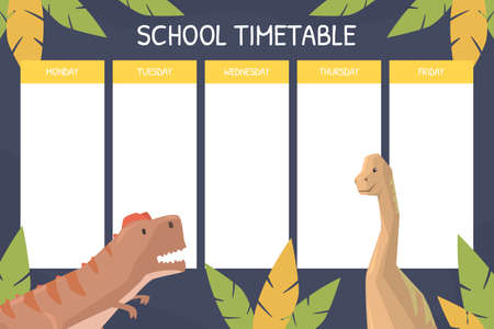 School Timetable Template, Weekly Planner with Cute Dinosaurs Cartoon Vector Illustrationのイラスト素材