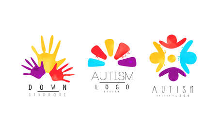 Autism and Down Syndrome Awareness   Collection, Kids Center, Charitable Organization Bright Colorful Emblems Vector Illustrationのイラスト素材