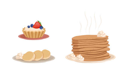 Tasty Desserts Set, Hot Pancakes and Cupcake with Fresh Berries Cartoon Vector Illustrationのイラスト素材