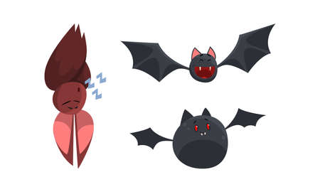 Cute Bats Set, Funny Halloween Animal Characters Cartoon Vector Illustrationのイラスト素材