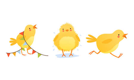 Adorable Chicken in Different Situations Set, Cute Funny Baby Bird Character Cartoon Vector Illustrationのイラスト素材