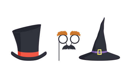 Set of Masquerade Party Costume Accessories, Witch Hat, Black Top Hat, Mustache and Glasses Mask Cartoon Vector Illustrationのイラスト素材