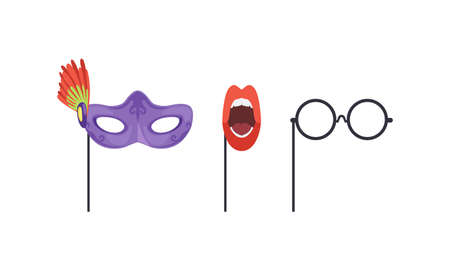 Set of Masquerade Party Costume Accessories, Venetian Mask, Round Glasses, Open Mouth with Red Lips Cartoon Vector Illustrationのイラスト素材