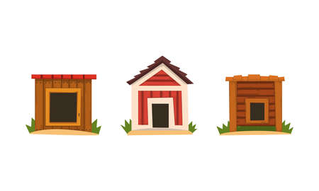 Set of Wooden Doghouses, Small House for Dogs at Backyard Cartoon Vector Illustrationのイラスト素材