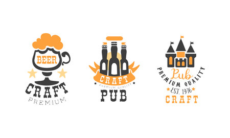 Craft Premium Beer   Design Set, Brewing Company, Pub, Bar Vintage Labels Vector Illustrationのイラスト素材
