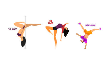 Set of Various Styles of Dancing, People Dancing Pole, Free, Break Dances Cartoon Vector Illustrationのイラスト素材