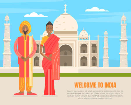 Welcome to India Banner Template, Indian Couple Wearing Traditional Costume Standing in front of Taj Mahal Building Background Vector Illustrationのイラスト素材