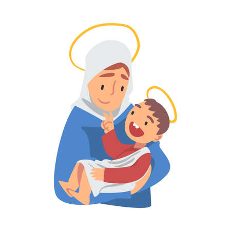 Mary Holding Baby Jesus with Her Arm as Narrative from Bible Vector Illustrationのイラスト素材