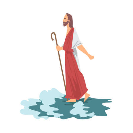 Jesus Walking on the Water as Miracle from New Testament in Bible Vector Illustrationのイラスト素材