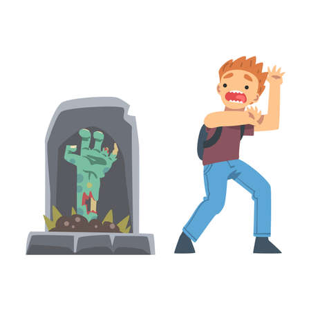Little Boy Screaming Imagining Zombie Hand Appearing from Tomb as Childhood Fear Vector Illustrationのイラスト素材