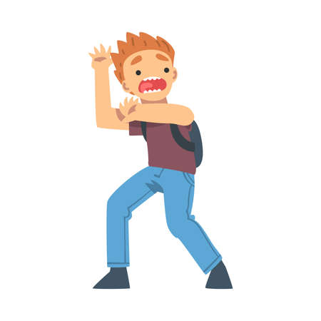 Little Fearful Boy Screaming Afraid of Something Vector Illustrationのイラスト素材