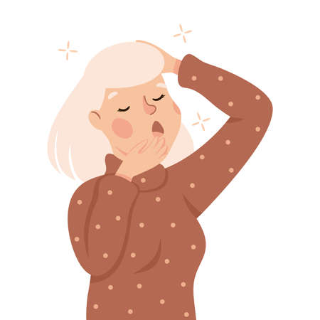 Sleepy Woman Yawning Covering Her Mouth with Her Hand Feeling Need for Sleep Vector Illustrationのイラスト素材