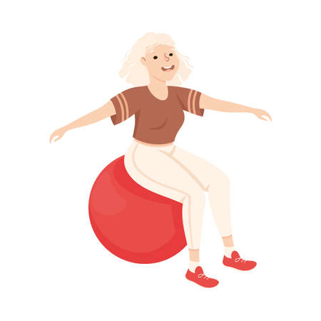 Young Blond Female in Athletic Wear at Gym with Fitball Doing Physical Exercise and Workout Vector Illustrationのイラスト素材