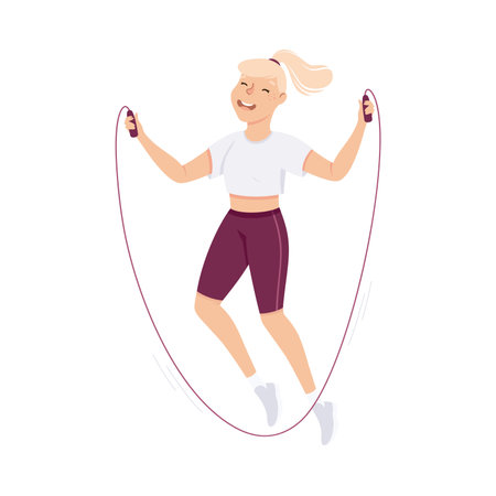 Blond Female in Sportswear at Gym Skipping or Jumping Rope Doing Physical Exercise and Workout Vector Illustrationのイラスト素材