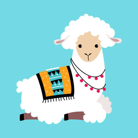 Cute Fluffy Llama or Alpaca as Camelid Pack Animal Vector Illustrationのイラスト素材