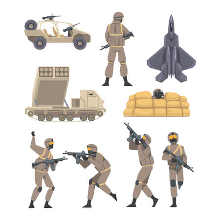 Military Special Armed Forces in Uniform and Armament Elements Vector Setのイラスト素材