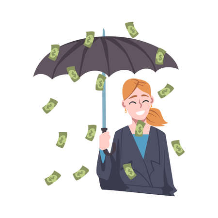 Rich and Wealthy Woman Character with Umbrella and Rain of Falling Dollar Banknotes at Half Length Vector Illustrationのイラスト素材