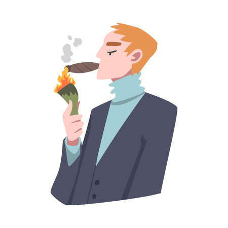 Rich and Wealthy Man Character Lighting Cigar from Dollar Banknote at Half Length Vector Illustrationのイラスト素材