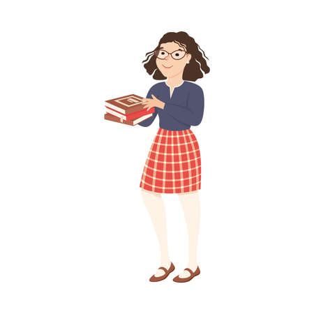 Woman School Teacher or Educator in Checkered Skirt Holding Pile of Schoolbook Vector Illustrationのイラスト素材