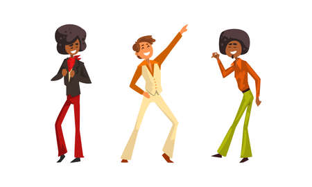 Retro Pop Musicians Set, Performer Singers Characters Wearing 70s Fashion Disco Style Clothes Cartoon Vector Illustrationのイラスト素材