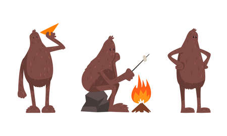 Cute Hairy Brown Bigfoot in Various Actions Set, Mythical Creature Cartoon Character Vector Illustrationのイラスト素材