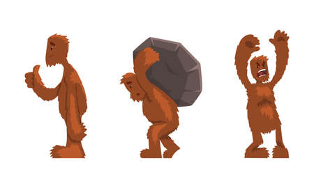 Cute Hairy Bigfoot in Various Actions Set, Friendly Mythical Creature Cartoon Character Vector Illustrationのイラスト素材