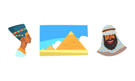 Famous Symbols of Ancient Egypt, Bust of Nefertiti, Egyptian Great Pyramid, Bedouin Cartoon Vector Illustrationのイラスト素材