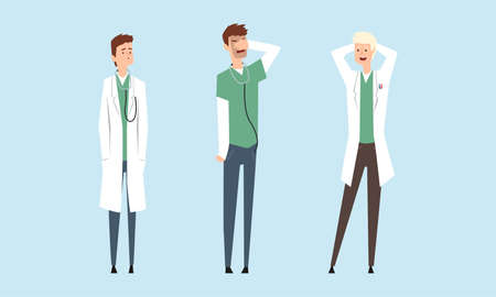 Cheerful Doctors Cartoon Characters Set. Medical Staff Team Wearing White Coats Vector Illustratioのイラスト素材