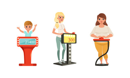 People Characters Participating in Panel Game on Television Standing In Front of Button Stand Answering Questions Vector Illustration Setのイラスト素材