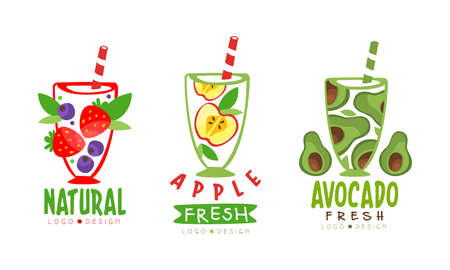 Fresh Fruit and Vegetable Juice in Glass with Straw   Design Vector Setのイラスト素材