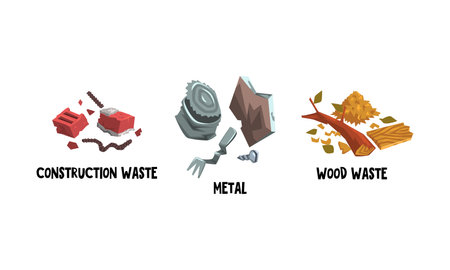 Garbage with Construction Waste, Metal and Wood Waste Vector Setのイラスト素材