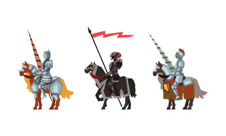 Armored Medieval Knight or Cavalryman Sitting on Horseback Holding Lance Vector Setのイラスト素材