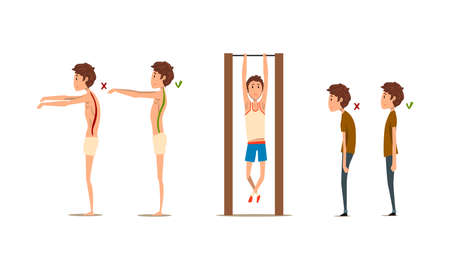 Teen Boy Demonstrating Wrong and Correct Spine Posture Vector Setのイラスト素材