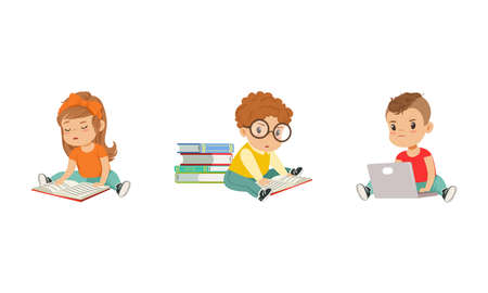 Cute Little Kids with Pile of Books Studying and Learning Gaining Knowledge Vector Setのイラスト素材
