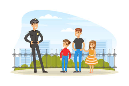 Policeman or Cop as Warranted Law Employee Talking to People Outdoor Vector Illustrationのイラスト素材