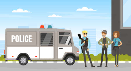 Policewoman Bringing Criminal in Handcuffs to Patrol Wagon Vector Illustrationのイラスト素材