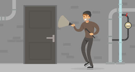 Male Burglar or Robber with Flashlight Breaking Into House Through Door Vector Illustrationのイラスト素材