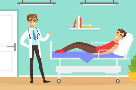 Man Doctor Giving Medical Advice to Man Patient Lying on Hospital Bed Vector Illustrationのイラスト素材
