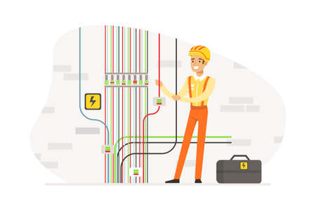 Smiling Man Electrician in Overall Engaged in Maintenance and Repair of Electrical Wiring Vector Illustrationのイラスト素材