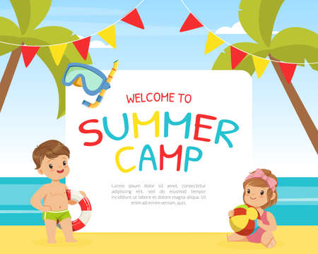 Summer Camp Invitation Card with Happy Boy and Girl in Swimwear at Sea Shore Playing Ball Vector Illustrationのイラスト素材