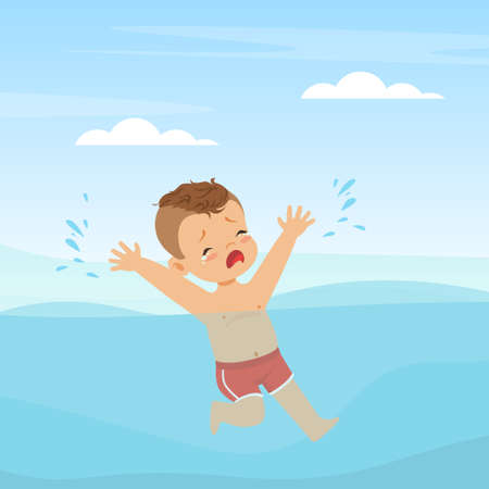 Crying Boy Splashing in Water Struggling to Swim Vector Illustrationのイラスト素材