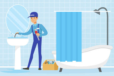 Professional Plumber in Blue Uniform Fixing Sanitary Ware Vector Illustrationのイラスト素材