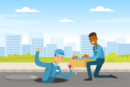 Man Plumber Wearing Blue Overall Holding Pipe Wrench Looking Out Manhole Engaged in Fixing Tubes and Pipe Lines Vector Illustrationのイラスト素材