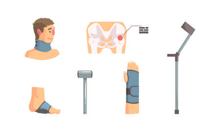 Bone Fractures Set, Injury and Treatment of Neck, Arm, Foot Cartoon Vector Illustrationのイラスト素材