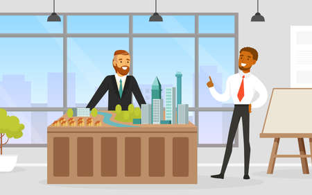 Man Architect Presenting Architectural Model or Maquette of Future Building Vector Illustrationのイラスト素材