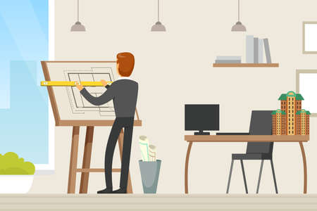 Man Architect Drawing Blueprint or Draft of Building Design on the Paper Vector Illustrationのイラスト素材
