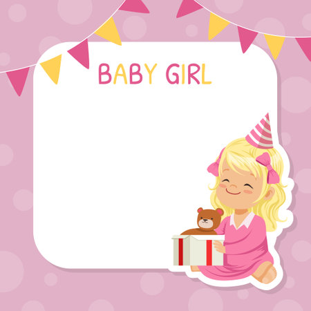 Happy Birthday Festive Card with Blond Girl in Birthday Hat Sitting with Unwrapped Gift Box and Teddy Bear Inside Vector Illustrationのイラスト素材